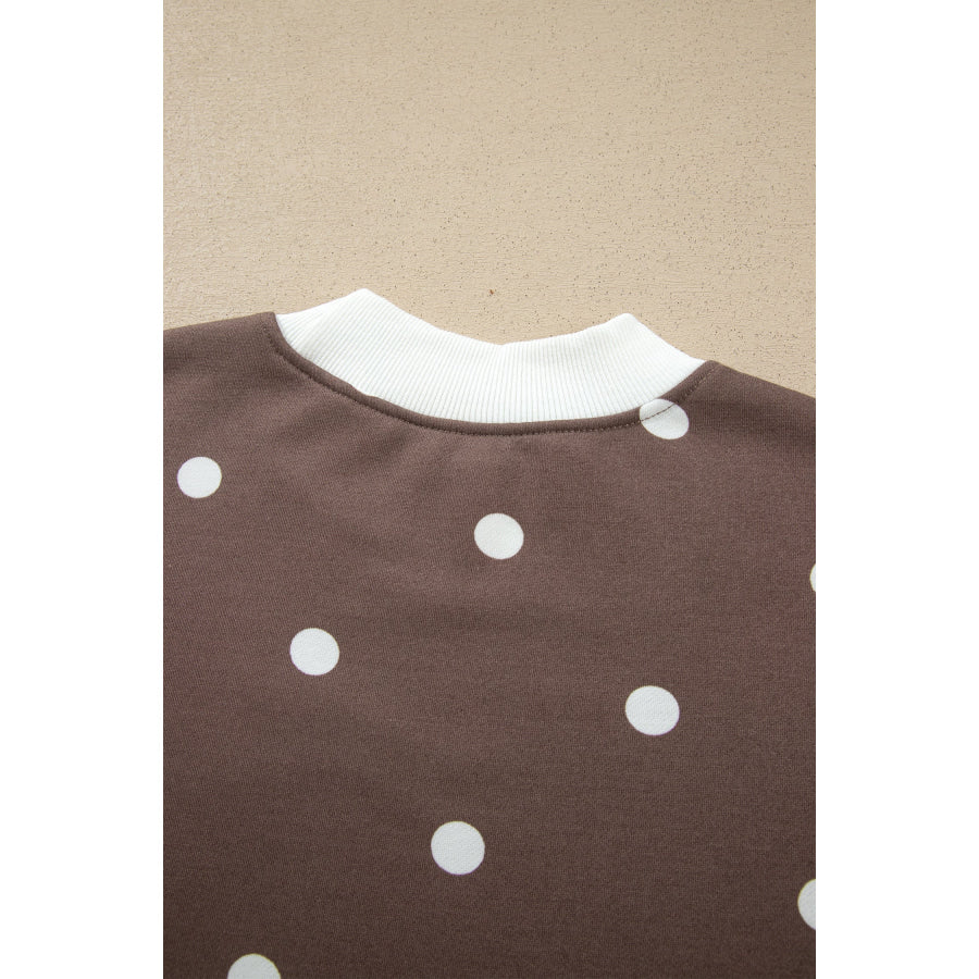 Pink Polka Dot Ribbed Trim Long Sleeve Top Casual Short Set Two Piece Sets/Short Sets