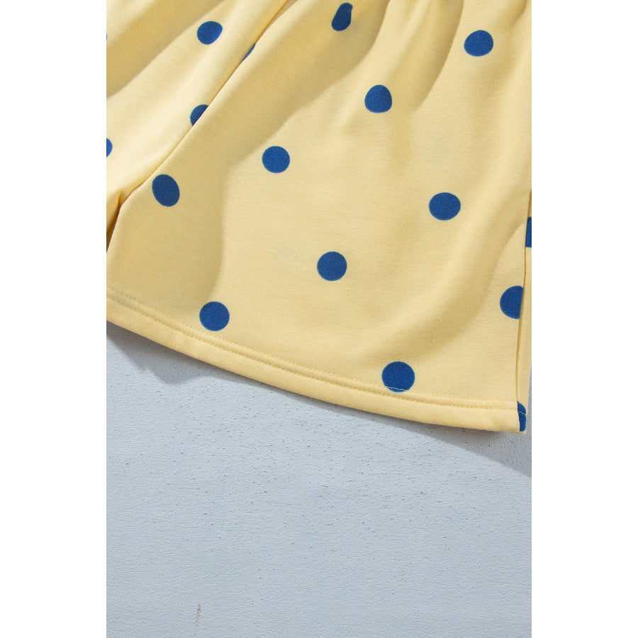 Pink Polka Dot Ribbed Trim Long Sleeve Top Casual Short Set Two Piece Sets/Short Sets