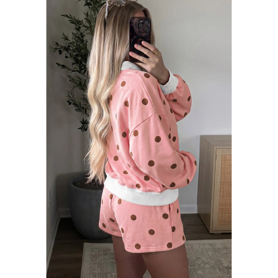 Pink Polka Dot Ribbed Trim Long Sleeve Top Casual Short Set Two Piece Sets/Short Sets