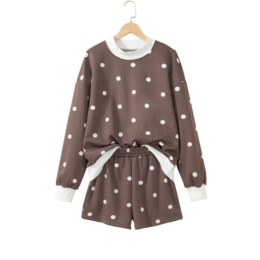 Pink Polka Dot Ribbed Trim Long Sleeve Top Casual Short Set Two Piece Sets/Short Sets