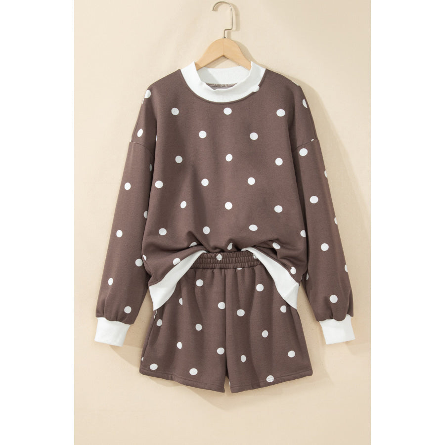 Pink Polka Dot Ribbed Trim Long Sleeve Top Casual Short Set Two Piece Sets/Short Sets