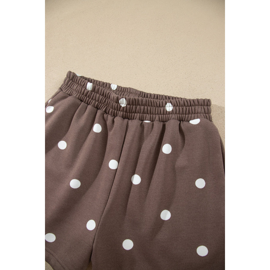 Pink Polka Dot Ribbed Trim Long Sleeve Top Casual Short Set Two Piece Sets/Short Sets