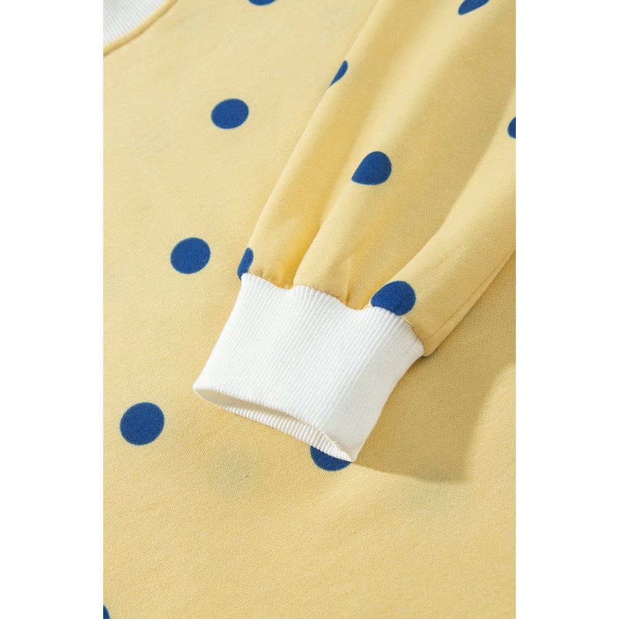 Pink Polka Dot Ribbed Trim Long Sleeve Top Casual Short Set Two Piece Sets/Short Sets