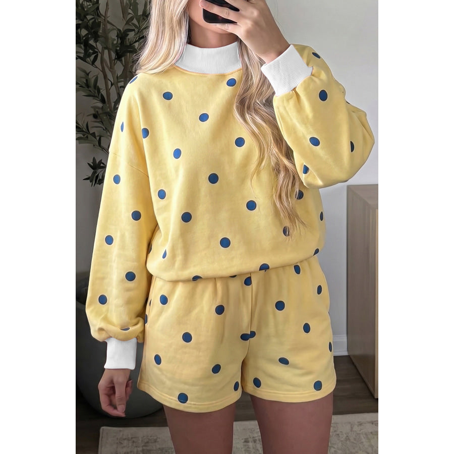 Pink Polka Dot Ribbed Trim Long Sleeve Top Casual Short Set Two Piece Sets/Short Sets