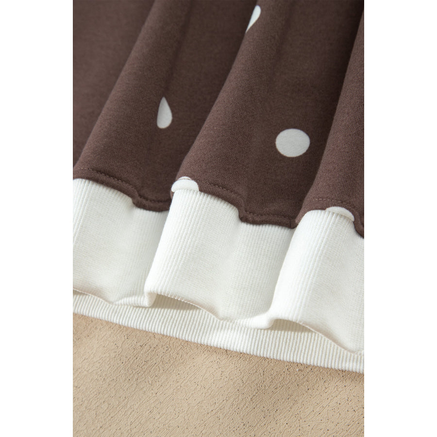 Pink Polka Dot Ribbed Trim Long Sleeve Top Casual Short Set Two Piece Sets/Short Sets