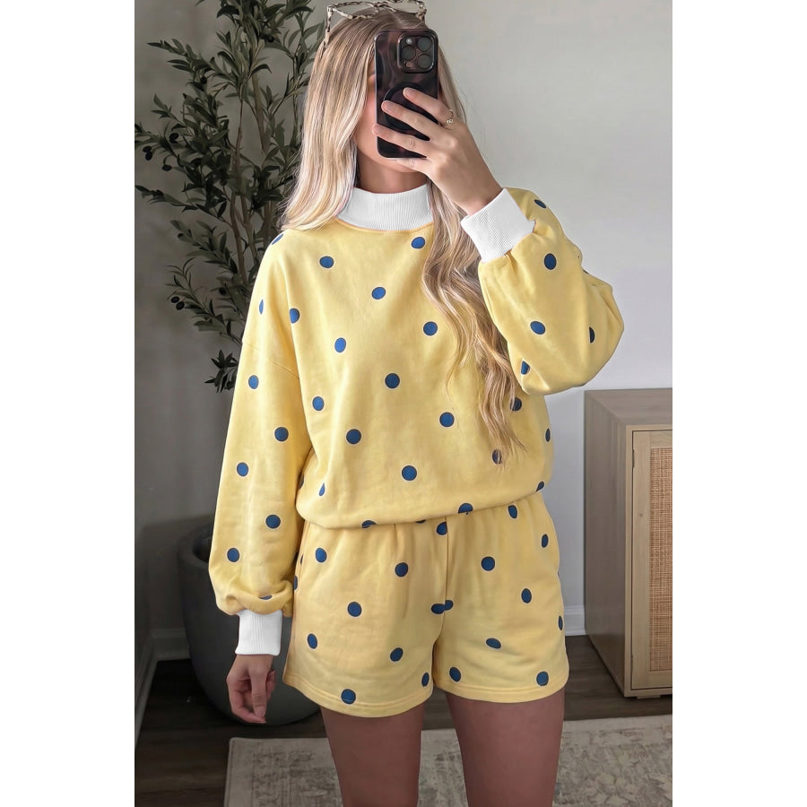 Pink Polka Dot Ribbed Trim Long Sleeve Top Casual Short Set Two Piece Sets/Short Sets