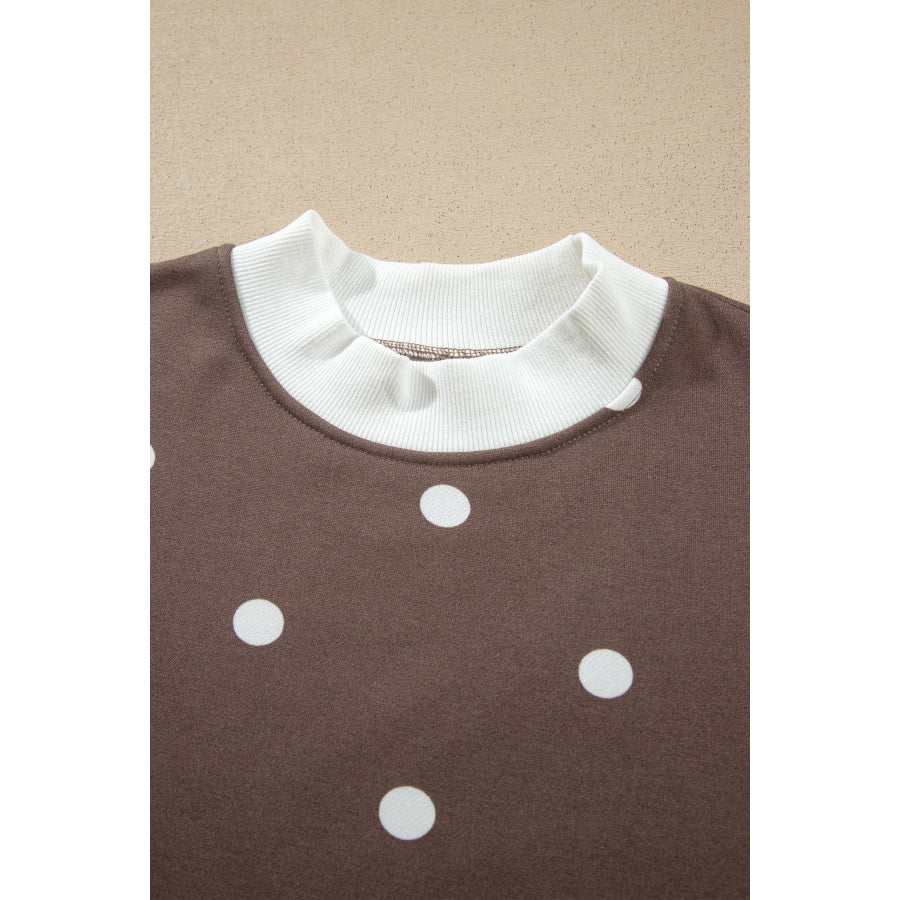 Pink Polka Dot Ribbed Trim Long Sleeve Top Casual Short Set Two Piece Sets/Short Sets