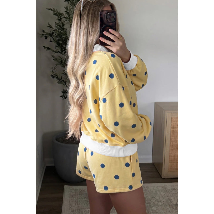 Pink Polka Dot Ribbed Trim Long Sleeve Top Casual Short Set Two Piece Sets/Short Sets