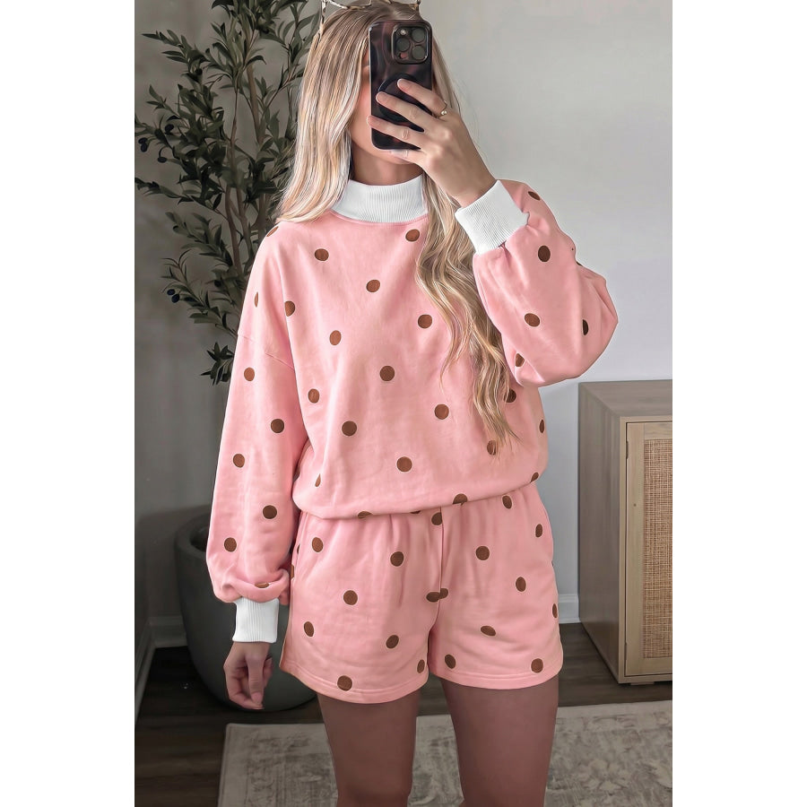 Pink Polka Dot Ribbed Trim Long Sleeve Top Casual Short Set Two Piece Sets/Short Sets