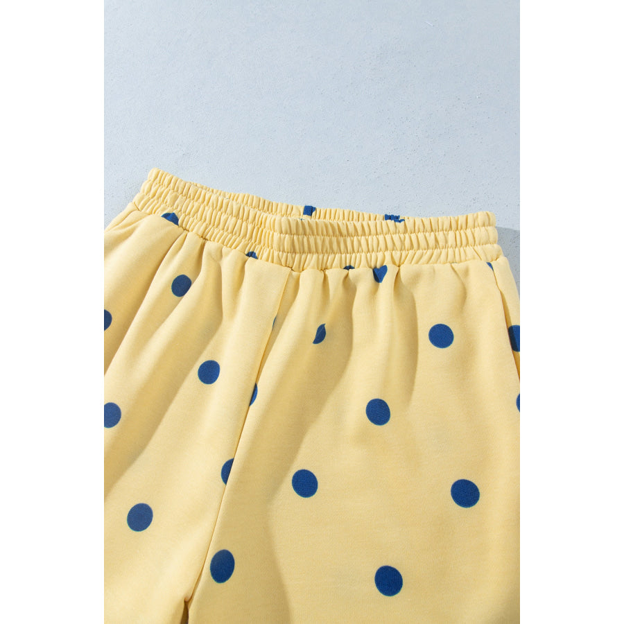 Pink Polka Dot Ribbed Trim Long Sleeve Top Casual Short Set Two Piece Sets/Short Sets