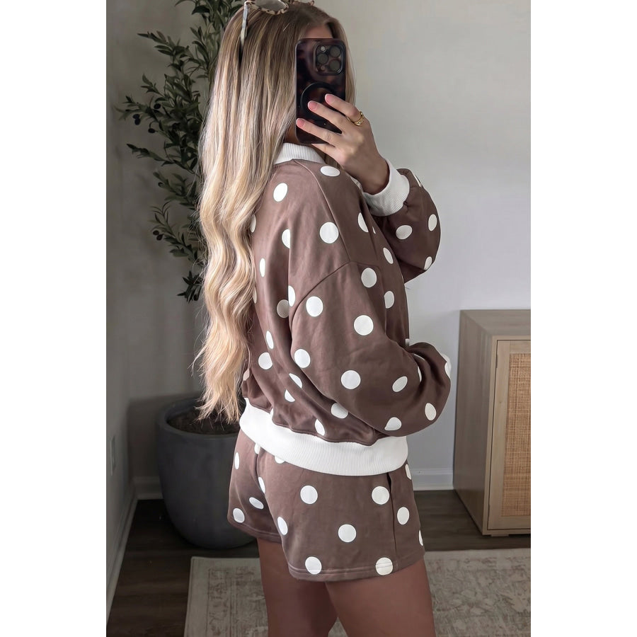 Pink Polka Dot Ribbed Trim Long Sleeve Top Casual Short Set Two Piece Sets/Short Sets