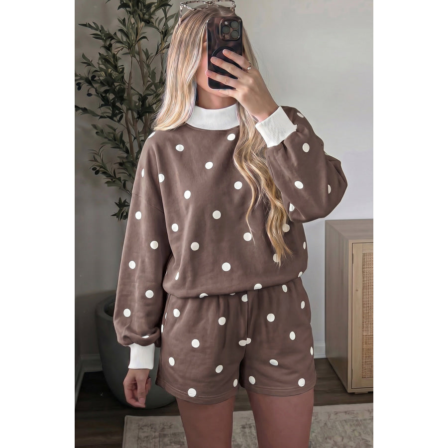 Pink Polka Dot Ribbed Trim Long Sleeve Top Casual Short Set Two Piece Sets/Short Sets
