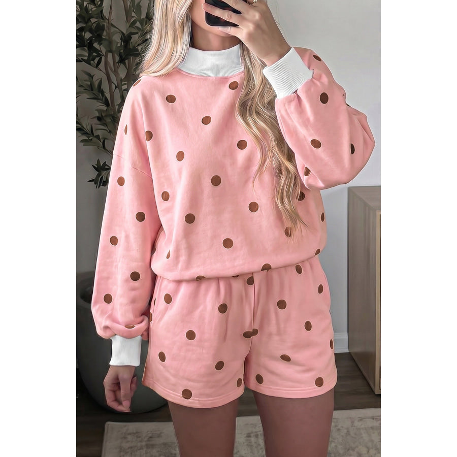 Pink Polka Dot Ribbed Trim Long Sleeve Top Casual Short Set Two Piece Sets/Short Sets
