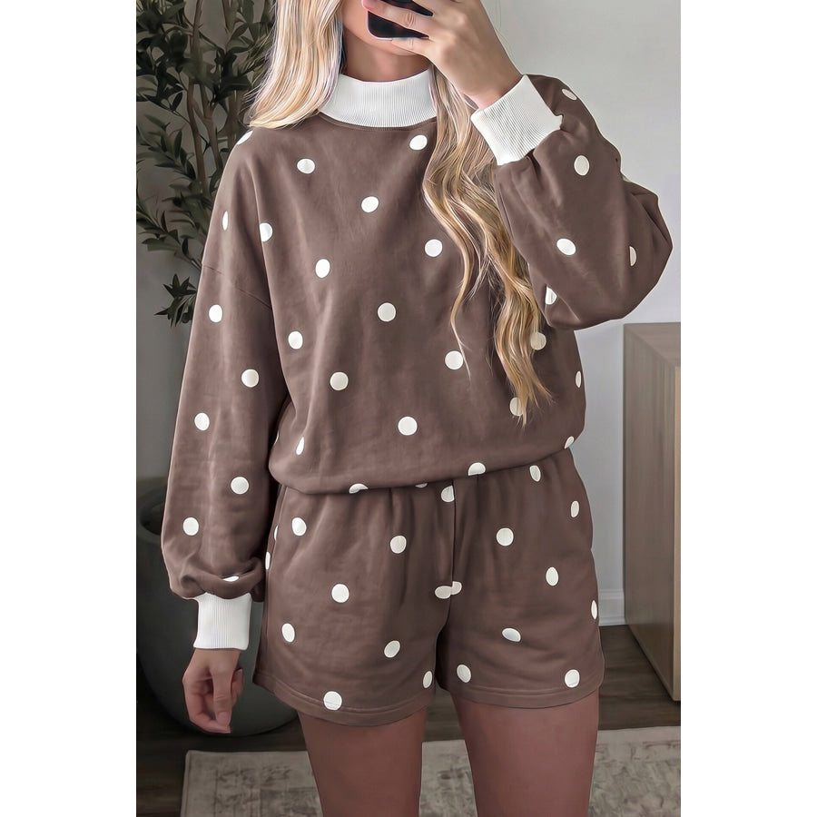 Pink Polka Dot Ribbed Trim Long Sleeve Top Casual Short Set Two Piece Sets/Short Sets