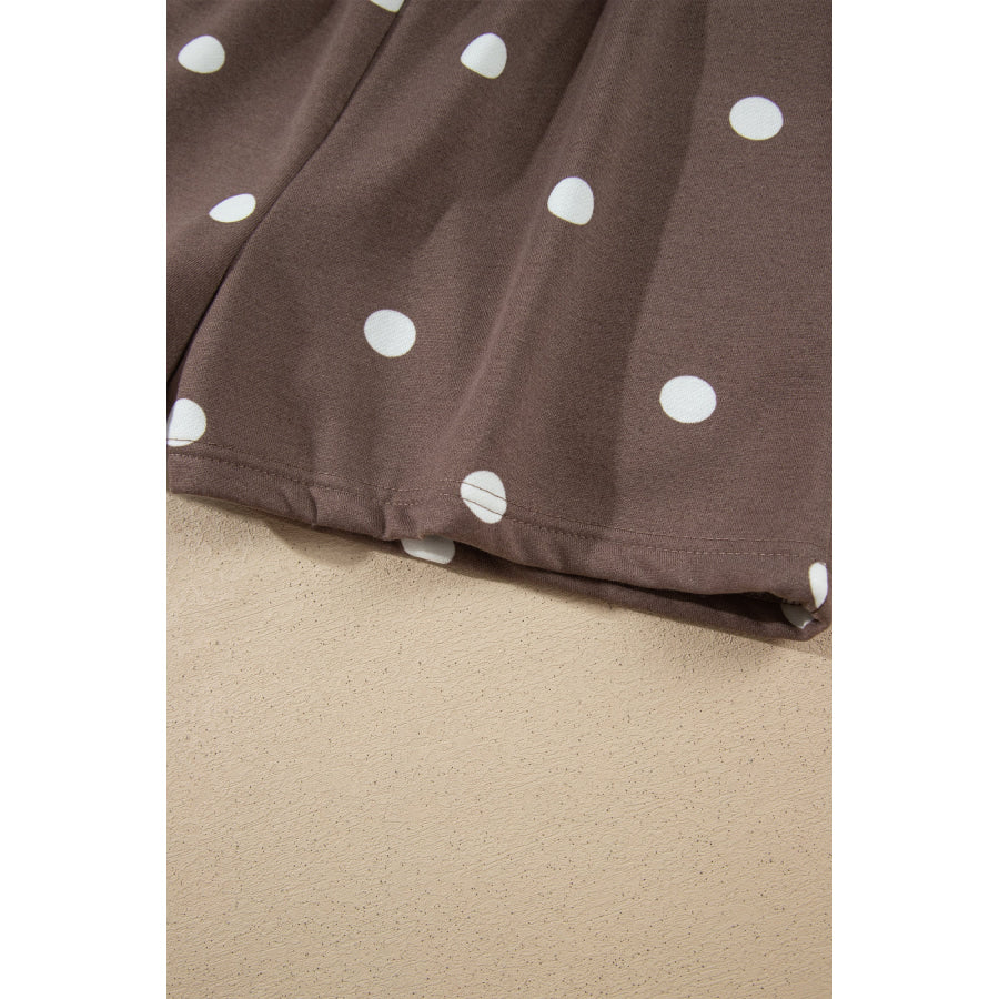 Pink Polka Dot Ribbed Trim Long Sleeve Top Casual Short Set Two Piece Sets/Short Sets
