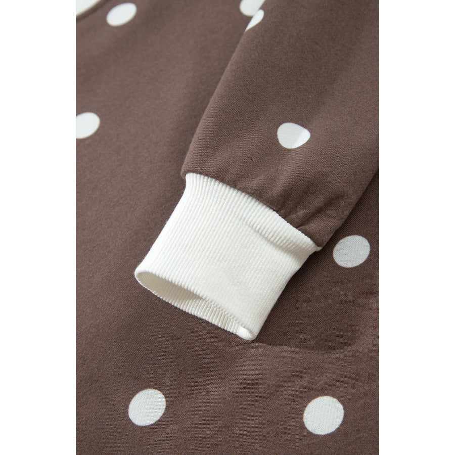 Pink Polka Dot Ribbed Trim Long Sleeve Top Casual Short Set Two Piece Sets/Short Sets
