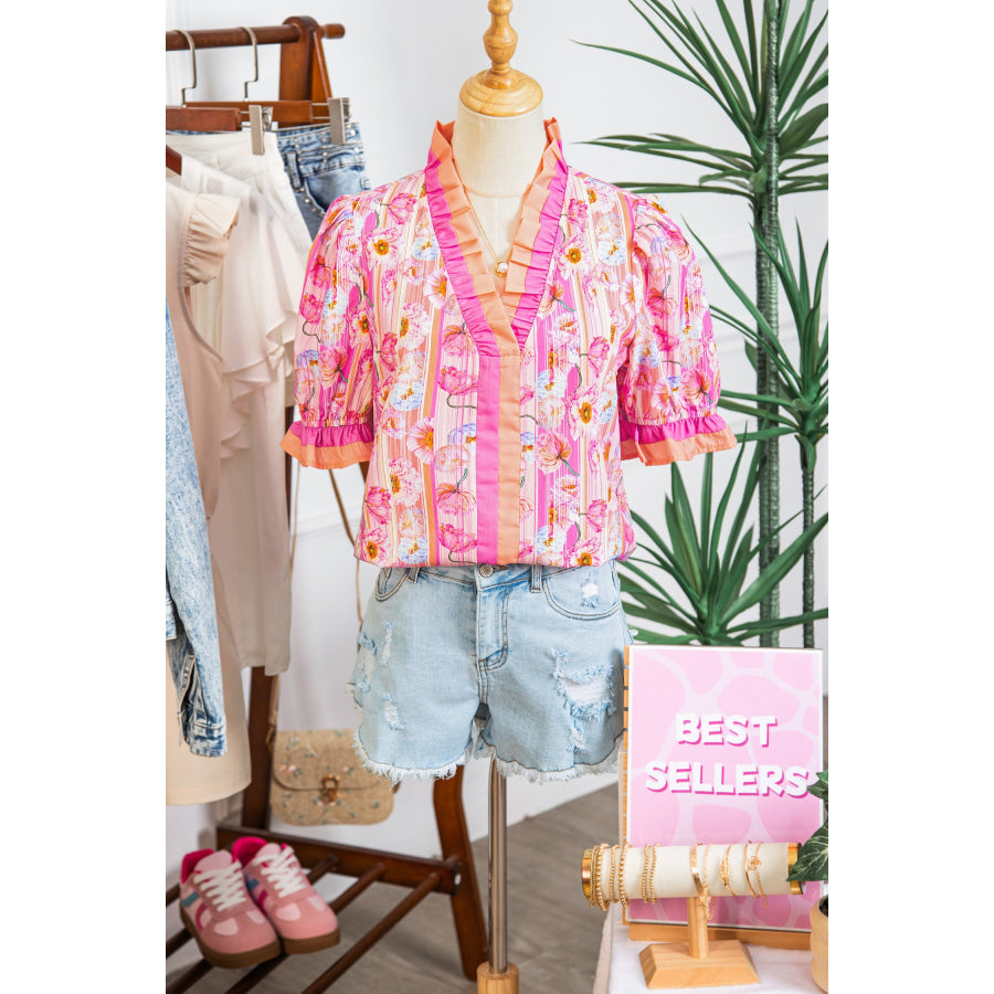 Pink Poppy Flower Striped Print Color Block Trim V Neck Short Sleeve Blouse Pink / S / 55% Cotton + 45% Viscose Tops/Blouses & Shirts