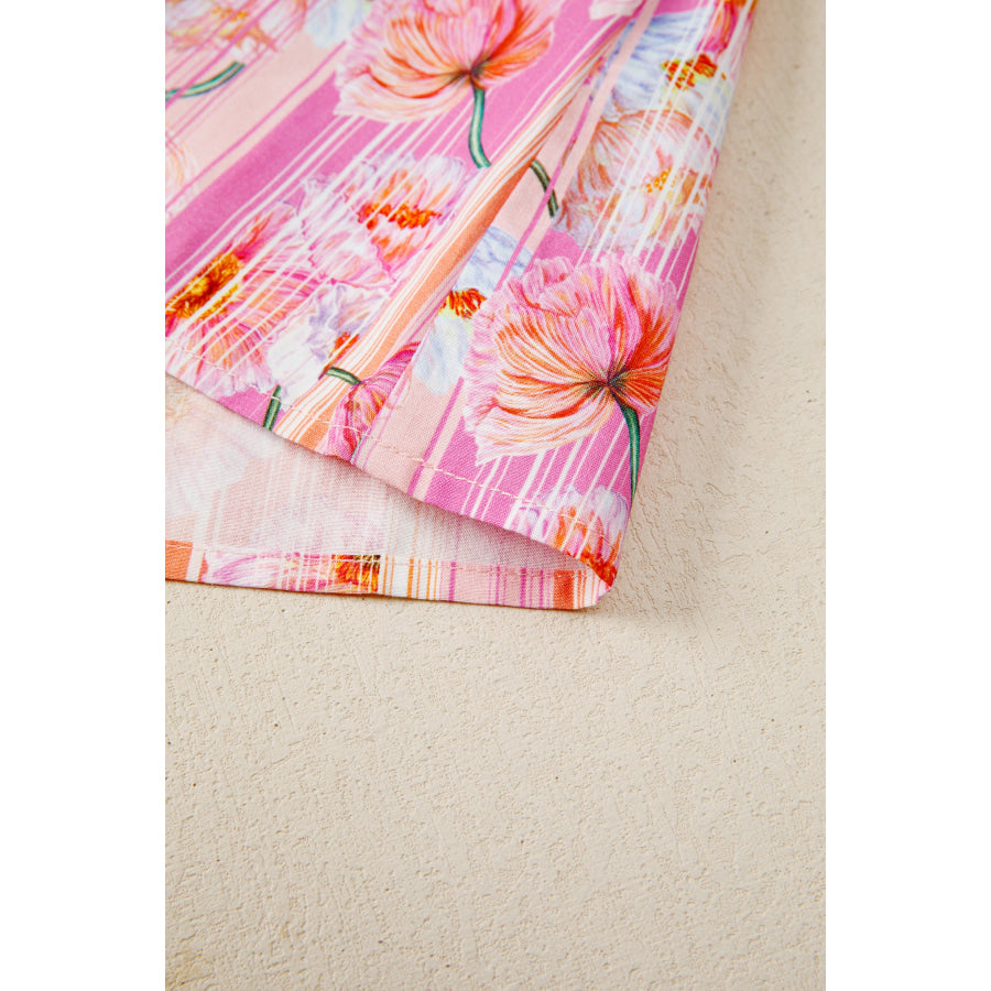 Pink Poppy Flower Striped Print Color Block Trim V Neck Short Sleeve Blouse Tops/Blouses & Shirts
