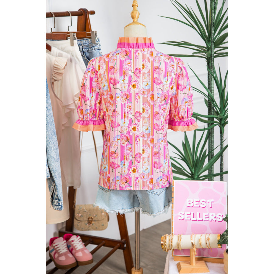 Pink Poppy Flower Striped Print Color Block Trim V Neck Short Sleeve Blouse Pink / S / 55% Cotton + 45% Viscose Tops/Blouses & Shirts