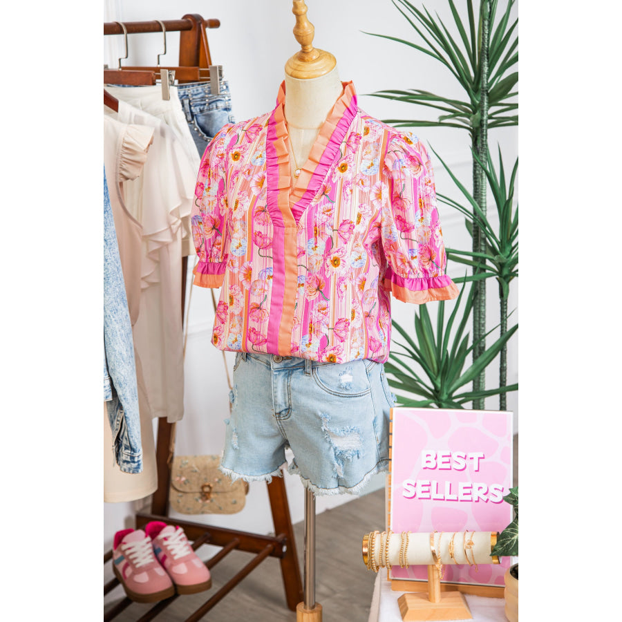 Pink Poppy Flower Striped Print Color Block Trim V Neck Short Sleeve Blouse Tops/Blouses & Shirts