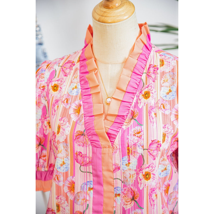 Pink Poppy Flower Striped Print Color Block Trim V Neck Short Sleeve Blouse Tops/Blouses & Shirts