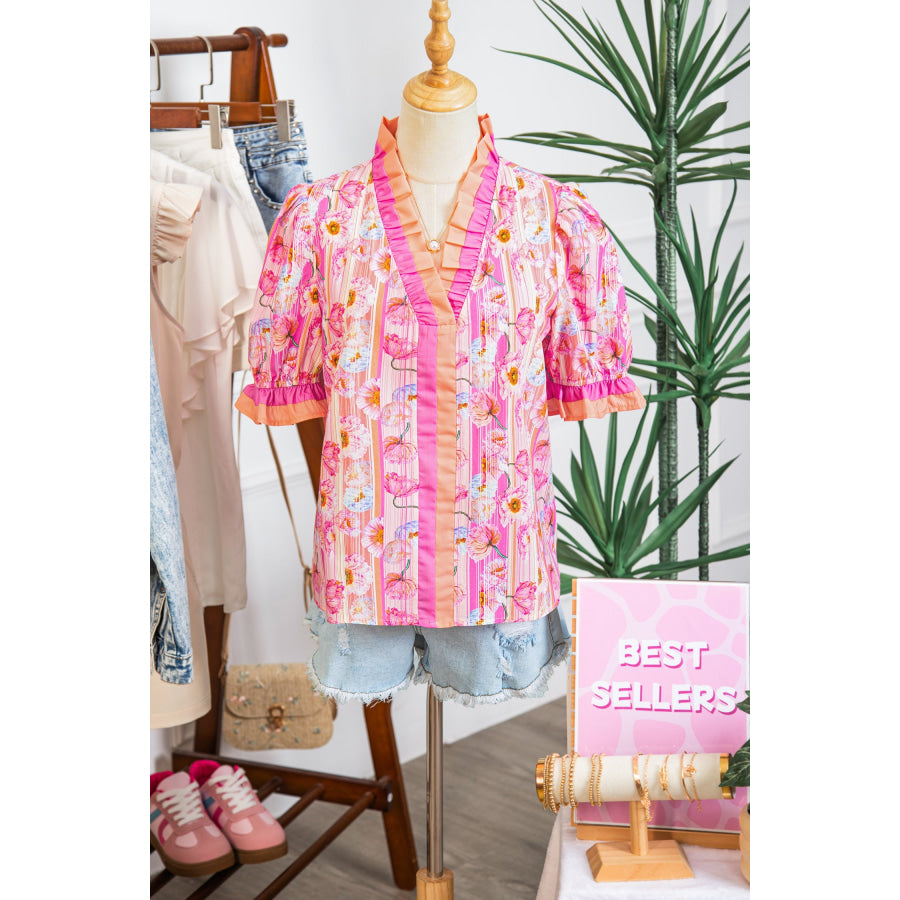 Pink Poppy Flower Striped Print Color Block Trim V Neck Short Sleeve Blouse Tops/Blouses & Shirts