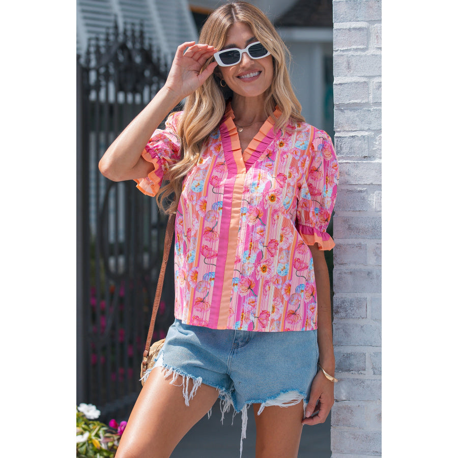 Pink Poppy Flower Striped Print Color Block Trim V Neck Short Sleeve Blouse Tops/Blouses & Shirts
