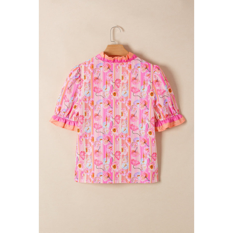 Pink Poppy Flower Striped Print Color Block Trim V Neck Short Sleeve Blouse Tops/Blouses & Shirts