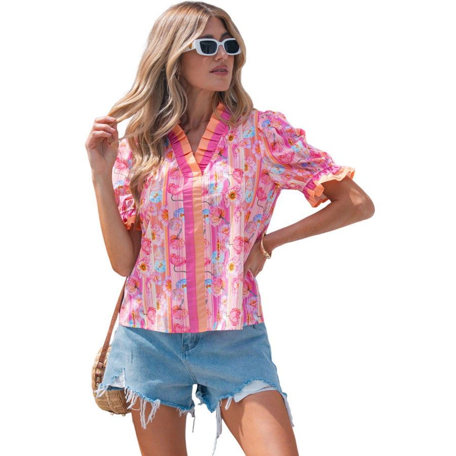Pink Poppy Flower Striped Print Color Block Trim V Neck Short Sleeve Blouse Tops/Blouses & Shirts