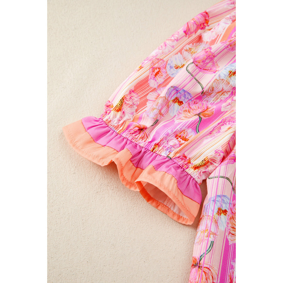 Pink Poppy Flower Striped Print Color Block Trim V Neck Short Sleeve Blouse Tops/Blouses & Shirts