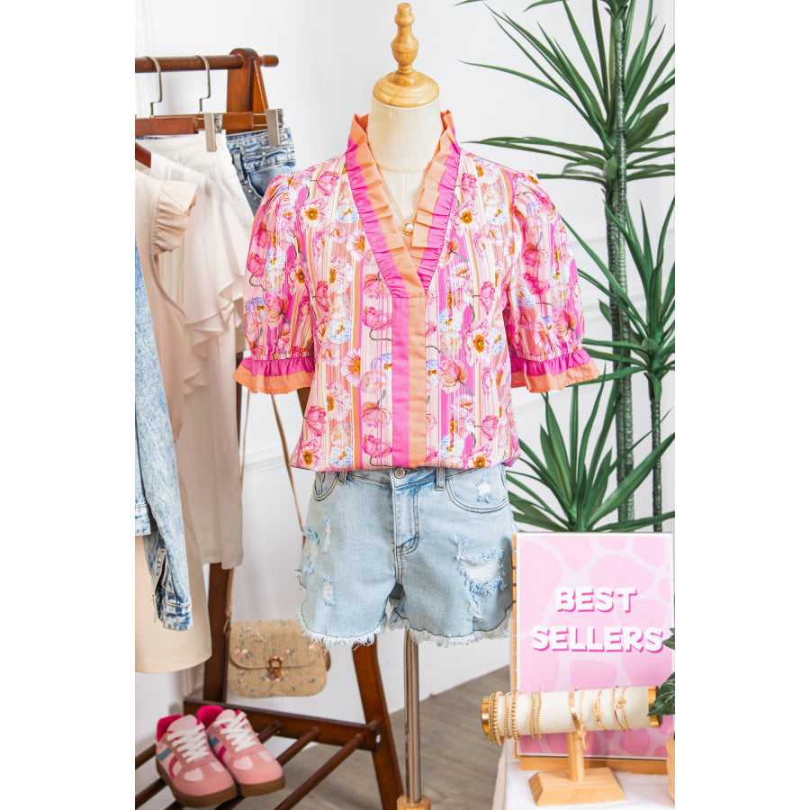 Pink Poppy Flower Striped Print Color Block Trim V Neck Short Sleeve Blouse Tops/Blouses & Shirts