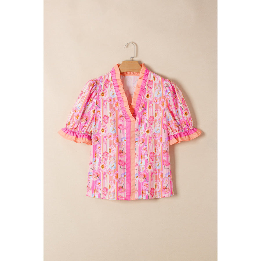 Pink Poppy Flower Striped Print Color Block Trim V Neck Short Sleeve Blouse Tops/Blouses & Shirts