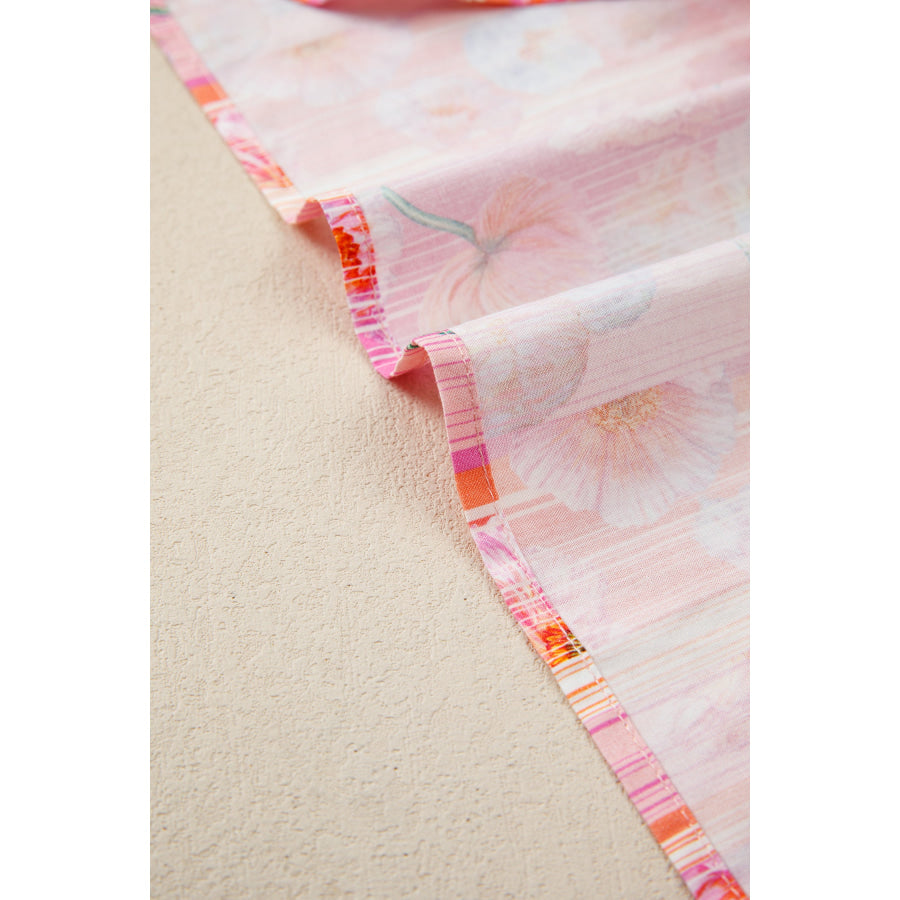 Pink Poppy Flower Striped Print Color Block Trim V Neck Short Sleeve Blouse Tops/Blouses & Shirts