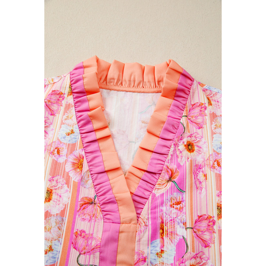 Pink Poppy Flower Striped Print Color Block Trim V Neck Short Sleeve Blouse Tops/Blouses & Shirts