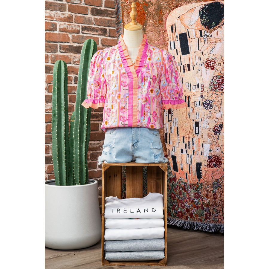 Pink Poppy Flower Striped Print Color Block Trim V Neck Short Sleeve Blouse Tops/Blouses & Shirts