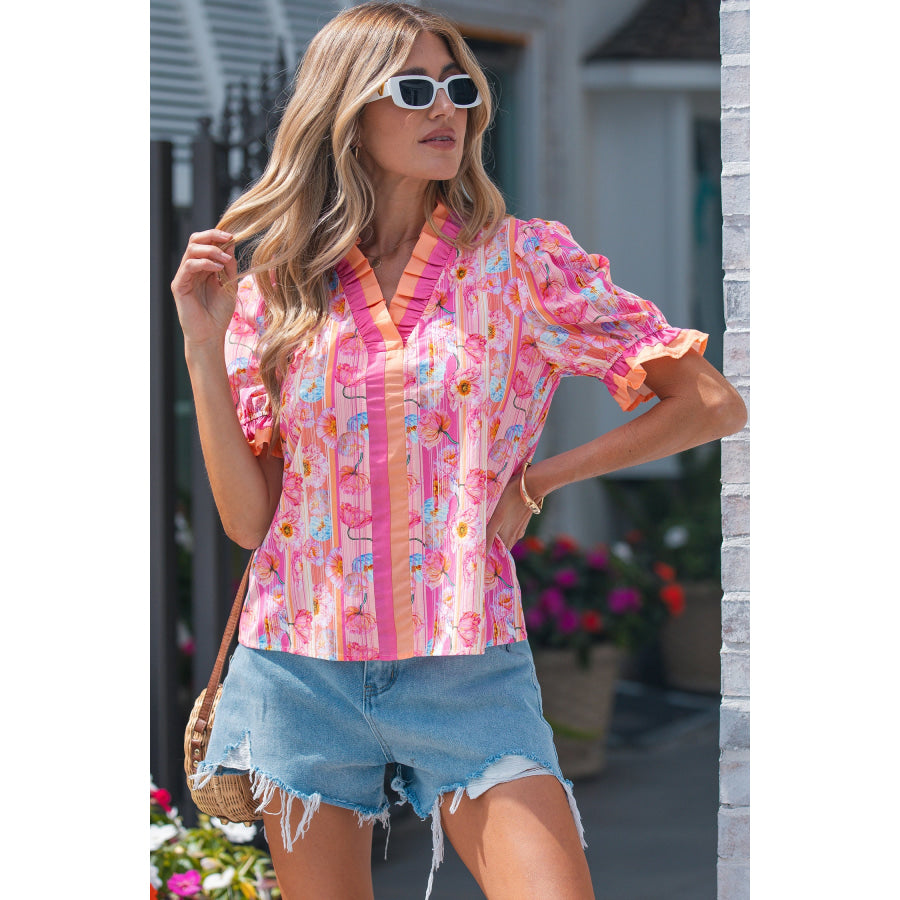 Pink Poppy Flower Striped Print Color Block Trim V Neck Short Sleeve Blouse Tops/Blouses & Shirts