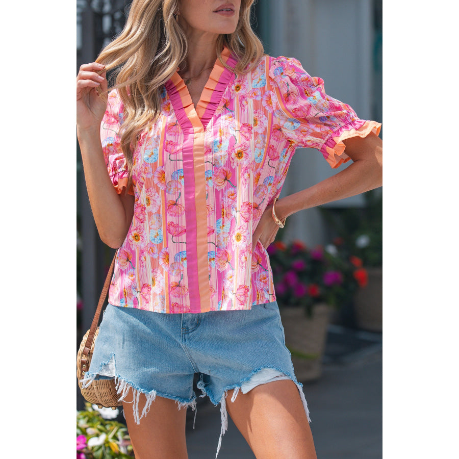 Pink Poppy Flower Striped Print Color Block Trim V Neck Short Sleeve Blouse Tops/Blouses & Shirts