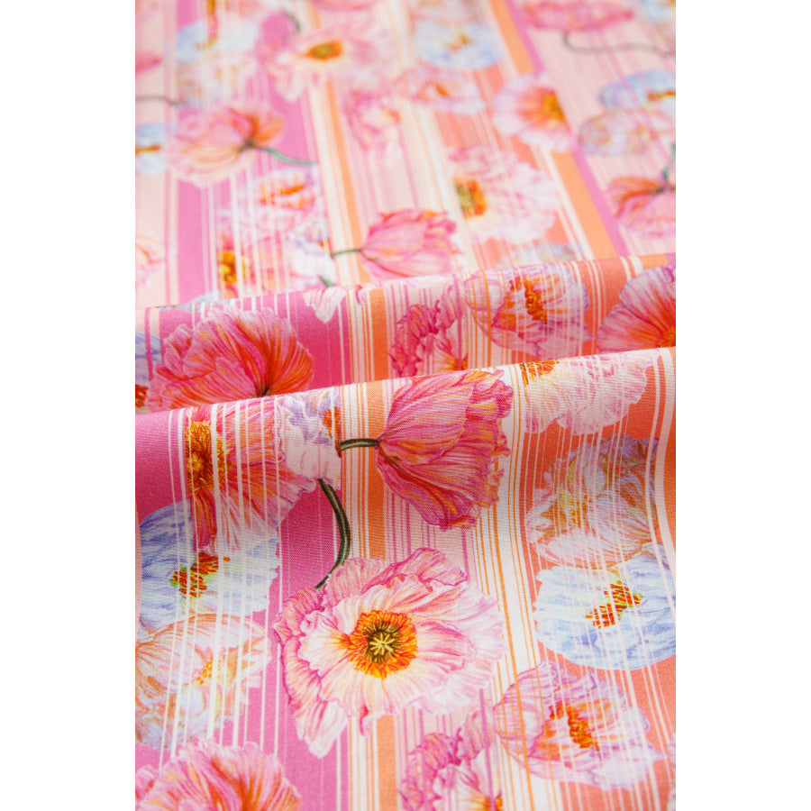Pink Poppy Flower Striped Print Color Block Trim V Neck Short Sleeve Blouse Tops/Blouses & Shirts