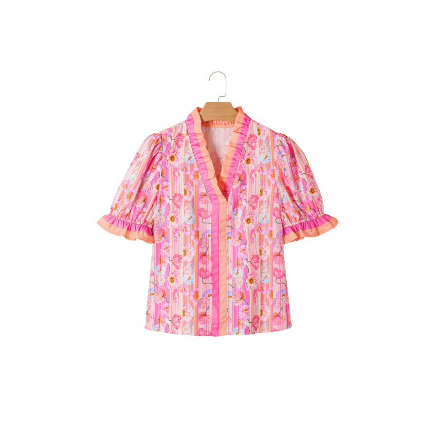 Pink Poppy Flower Striped Print Color Block Trim V Neck Short Sleeve Blouse Tops/Blouses & Shirts