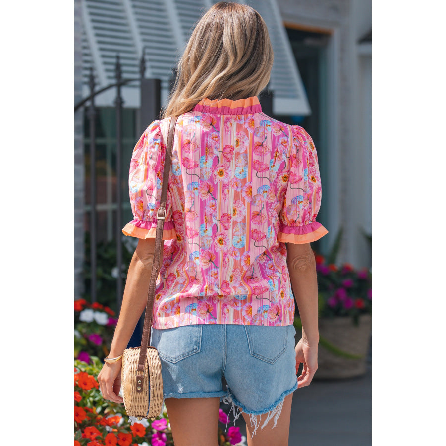 Pink Poppy Flower Striped Print Color Block Trim V Neck Short Sleeve Blouse Tops/Blouses & Shirts