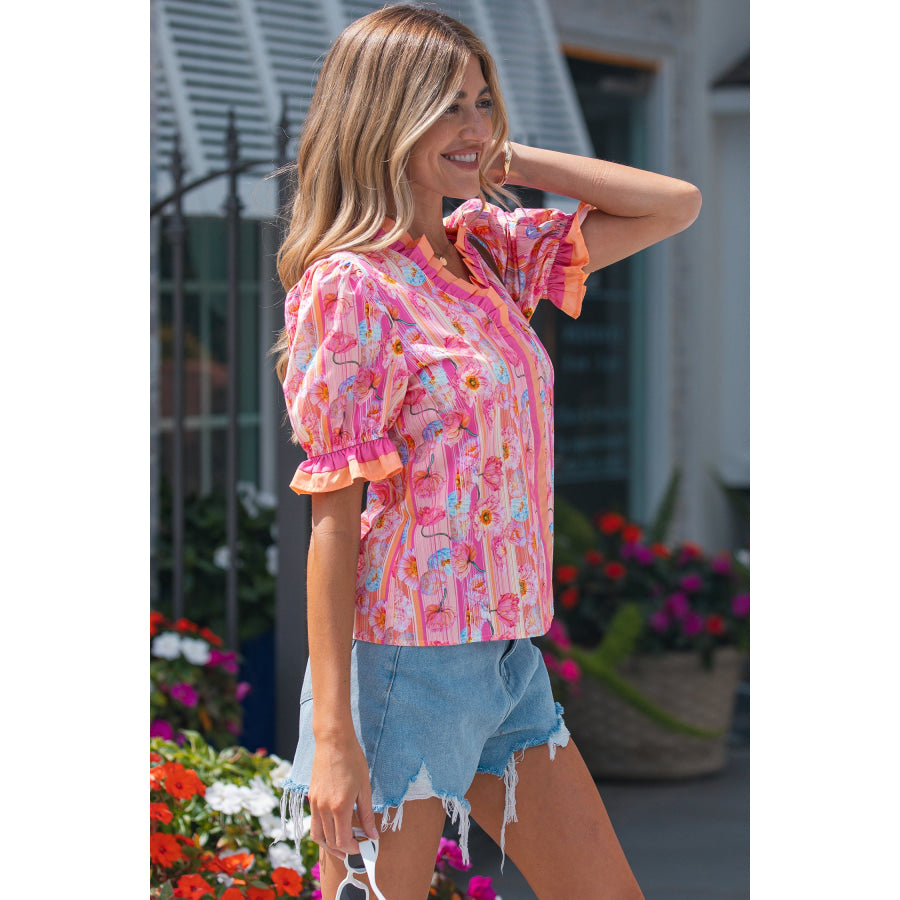 Pink Poppy Flower Striped Print Color Block Trim V Neck Short Sleeve Blouse Tops/Blouses & Shirts
