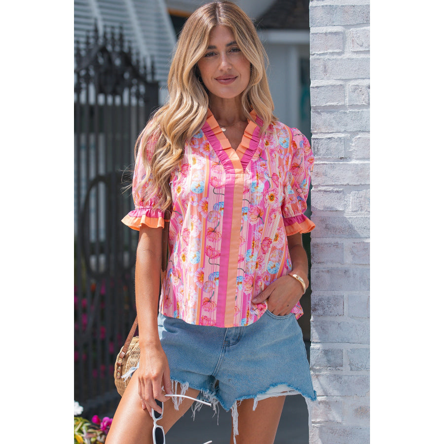 Pink Poppy Flower Striped Print Color Block Trim V Neck Short Sleeve Blouse Tops/Blouses & Shirts