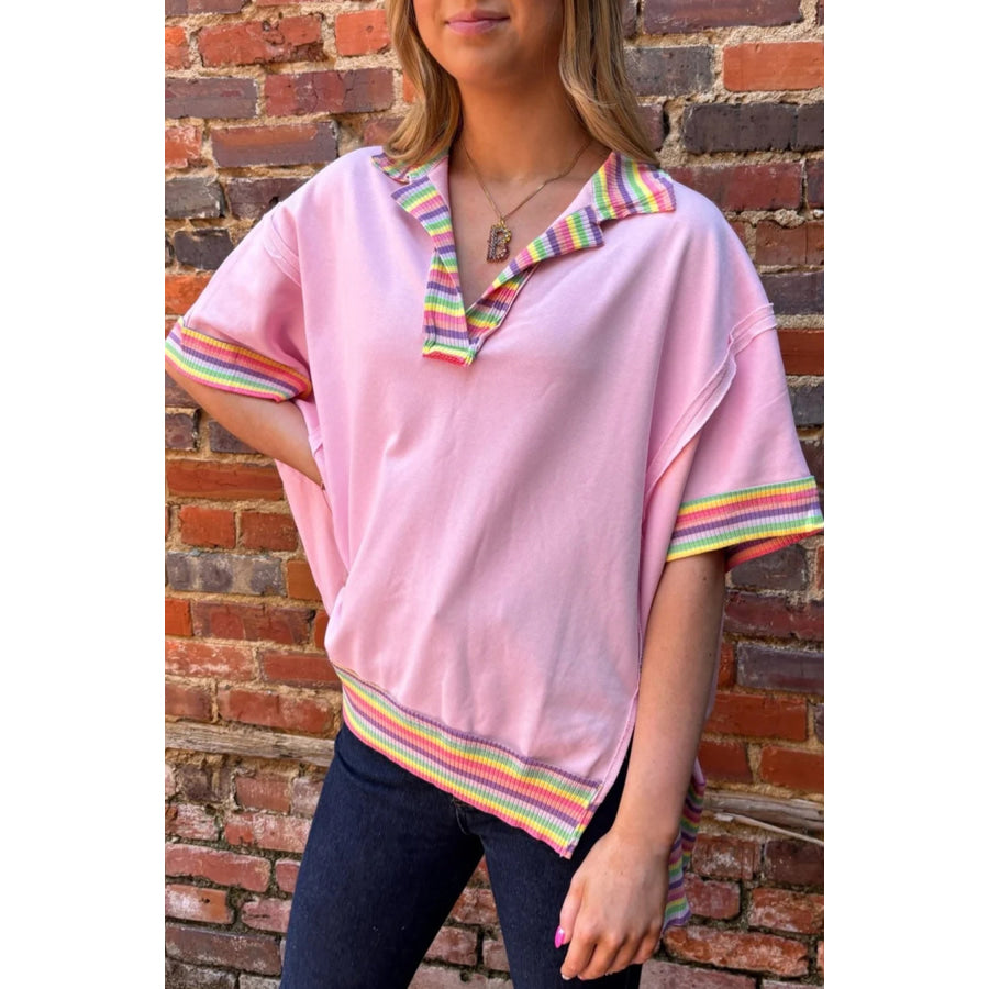 Pink Rainbow Stripe Ribbed Patchwork Raw Seam Oversize Polo Tee Pink / S / 80% Cotton + 20% Polyester Tops/Tops & Tees