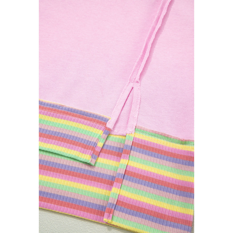 Pink Rainbow Stripe Ribbed Patchwork Raw Seam Oversize Polo Tee Tops/Tops & Tees