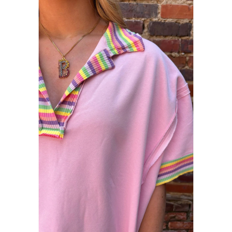 Pink Rainbow Stripe Ribbed Patchwork Raw Seam Oversize Polo Tee Tops/Tops & Tees