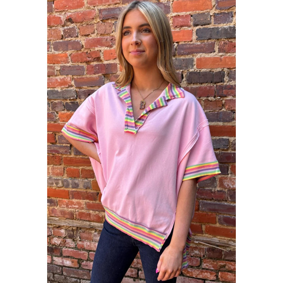Pink Rainbow Stripe Ribbed Patchwork Raw Seam Oversize Polo Tee Tops/Tops & Tees