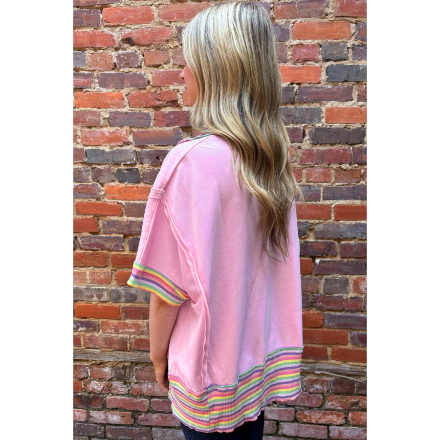 Pink Rainbow Stripe Ribbed Patchwork Raw Seam Oversize Polo Tee Tops/Tops & Tees