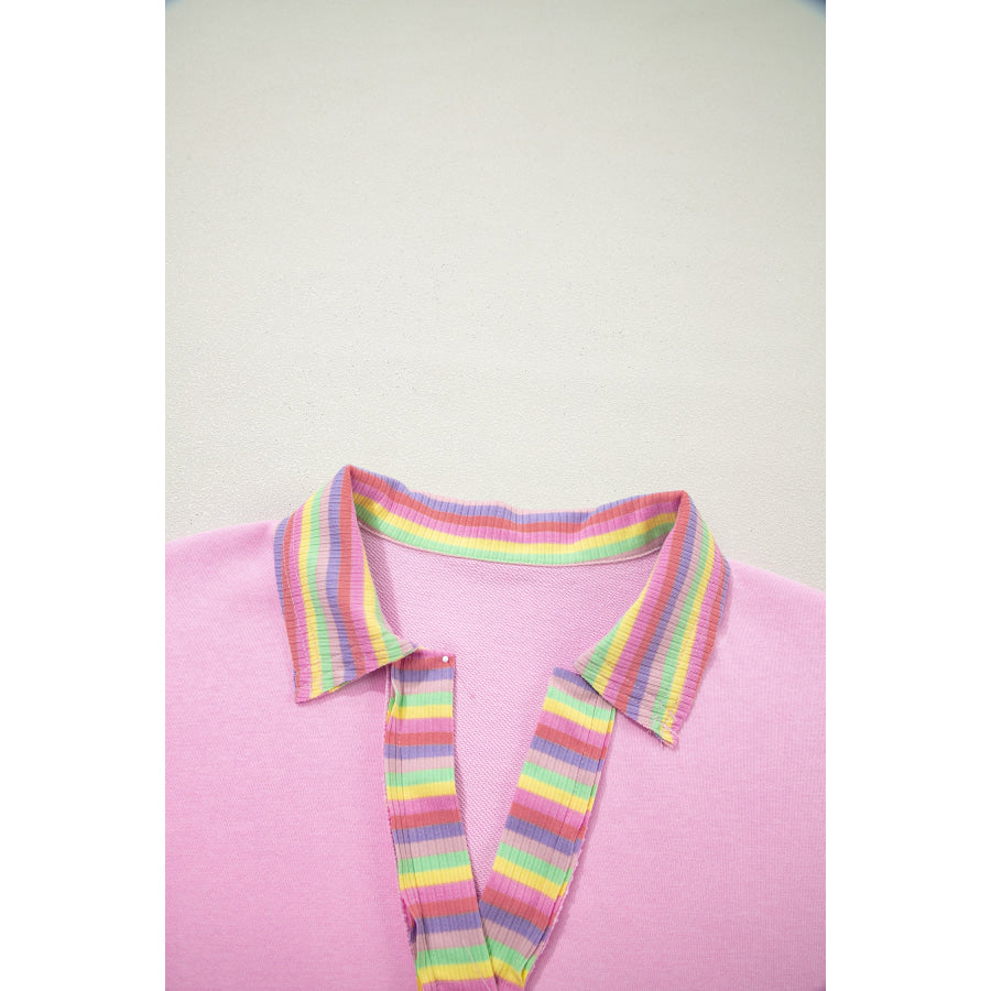 Pink Rainbow Stripe Ribbed Patchwork Raw Seam Oversize Polo Tee Tops/Tops & Tees