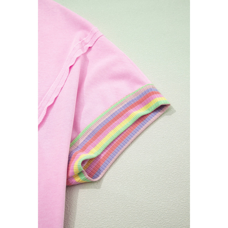 Pink Rainbow Stripe Ribbed Patchwork Raw Seam Oversize Polo Tee Tops/Tops & Tees