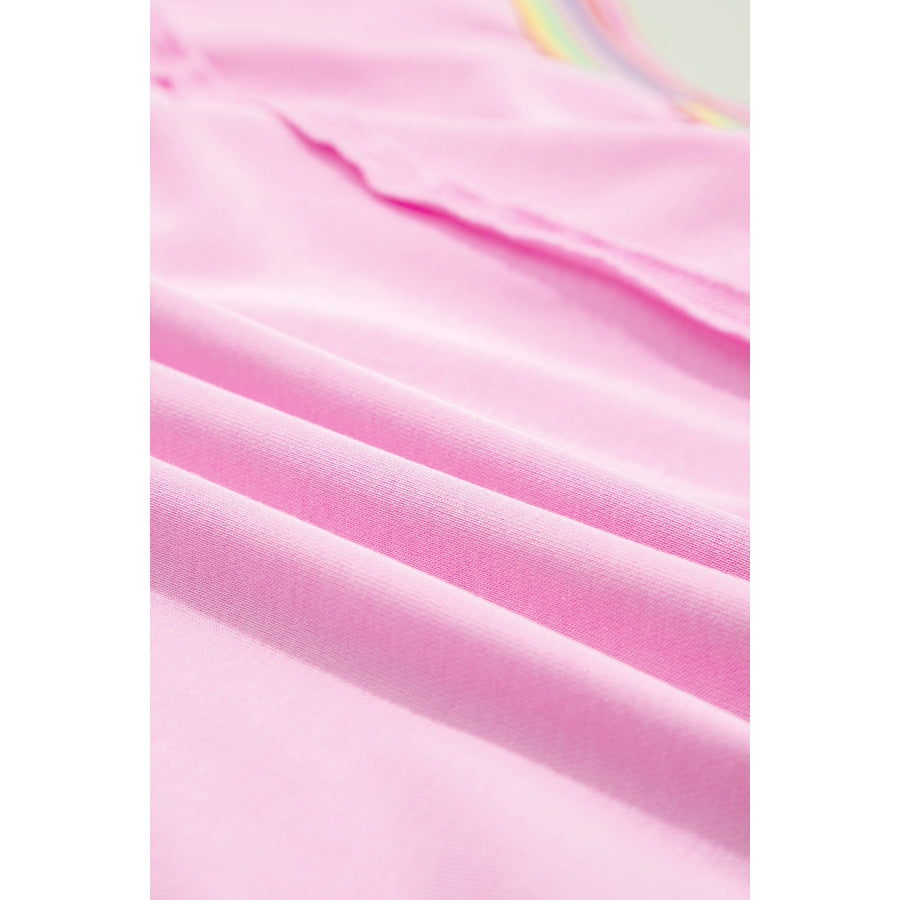 Pink Rainbow Stripe Ribbed Patchwork Raw Seam Oversize Polo Tee Tops/Tops & Tees